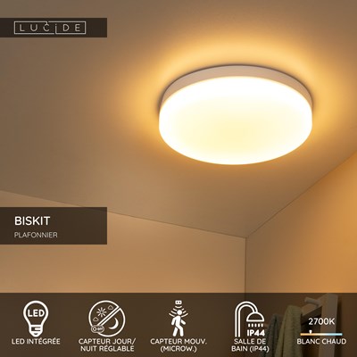 Lucide BISKIT - Plafonnier Salle de bains - Ø 40 cm - LED - 1x36W 2700K - IP44 - Détecteur De Mouvement - Blanc